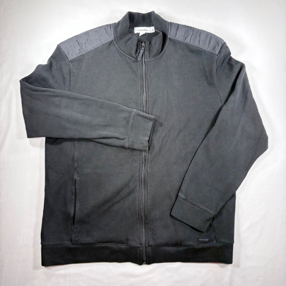 Calvin Klein Mock Neck Mens Full Zip Sweater Jacket XL Knit Black Designer